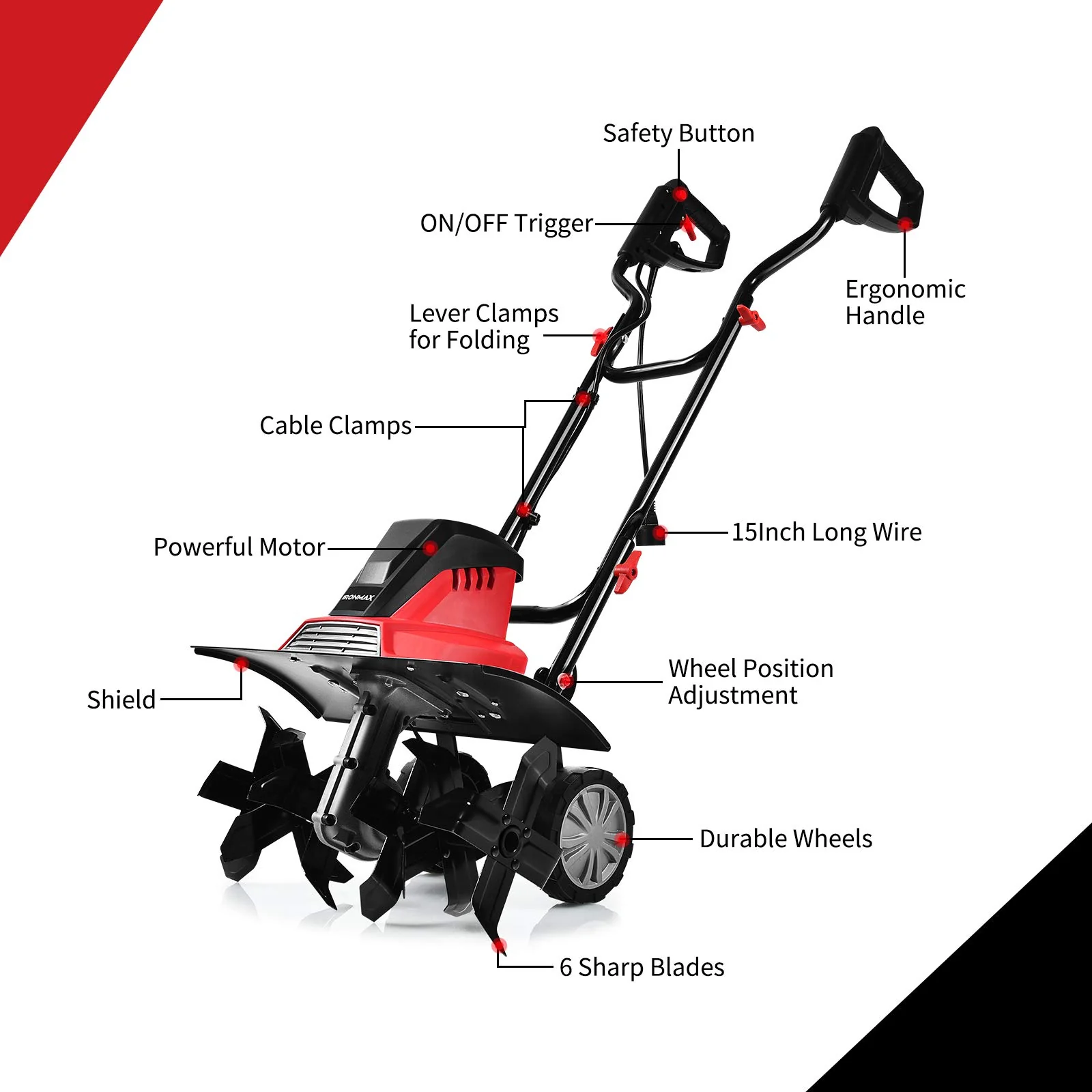 13.5 Amp Corded Electric Tiller and Cultivator, 17-Inch Tiller with 9' Tilling Depth - Image 3