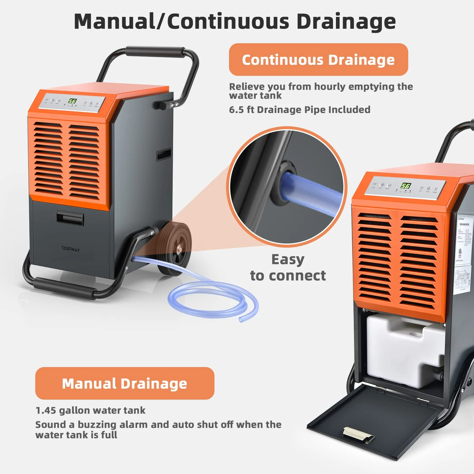 140 pints Commercial Dehumidifier, Industrial Dehumidifier with 1.45 Gallon Water Tank & Drainage Pipe - Image 5