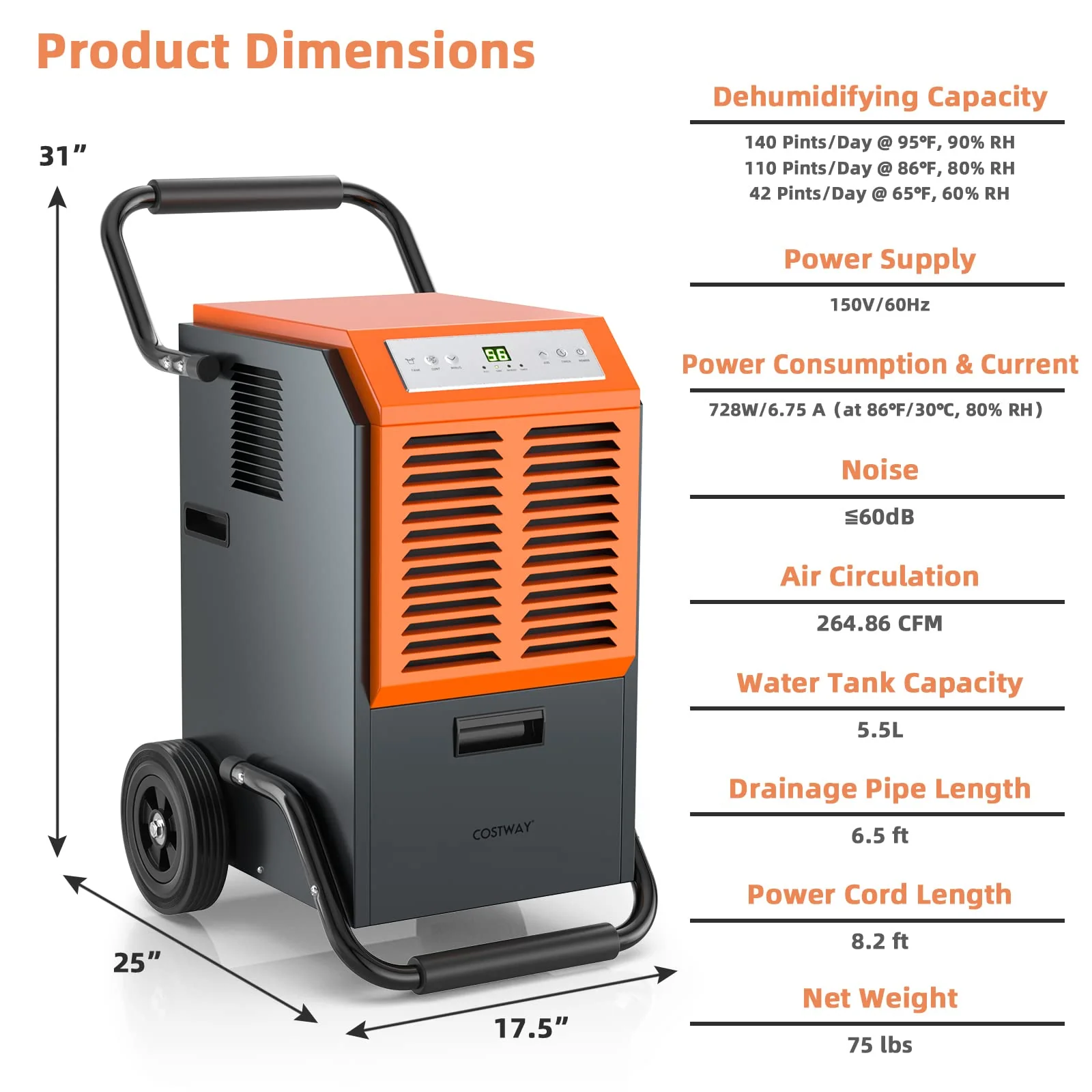 140 pints Commercial Dehumidifier, Industrial Dehumidifier with 1.45 Gallon Water Tank & Drainage Pipe - Image 7