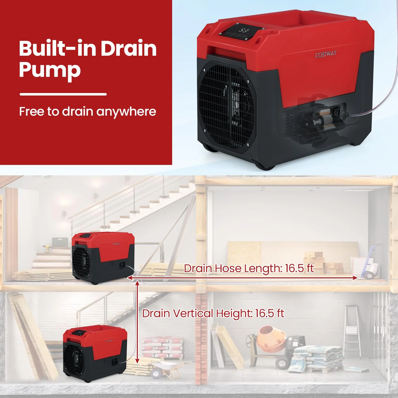 140 Pints Commercial Dehumidifier with Pump, Portable Industrial Dehumidifier with Drain Hose for Basements - Image 4