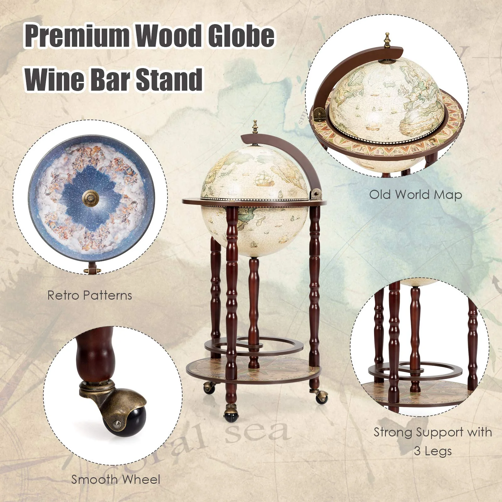 17" Wood Globe Wine Bar Stand 16th Century Italian Rack Liquor Bottle Shelf - Image 6