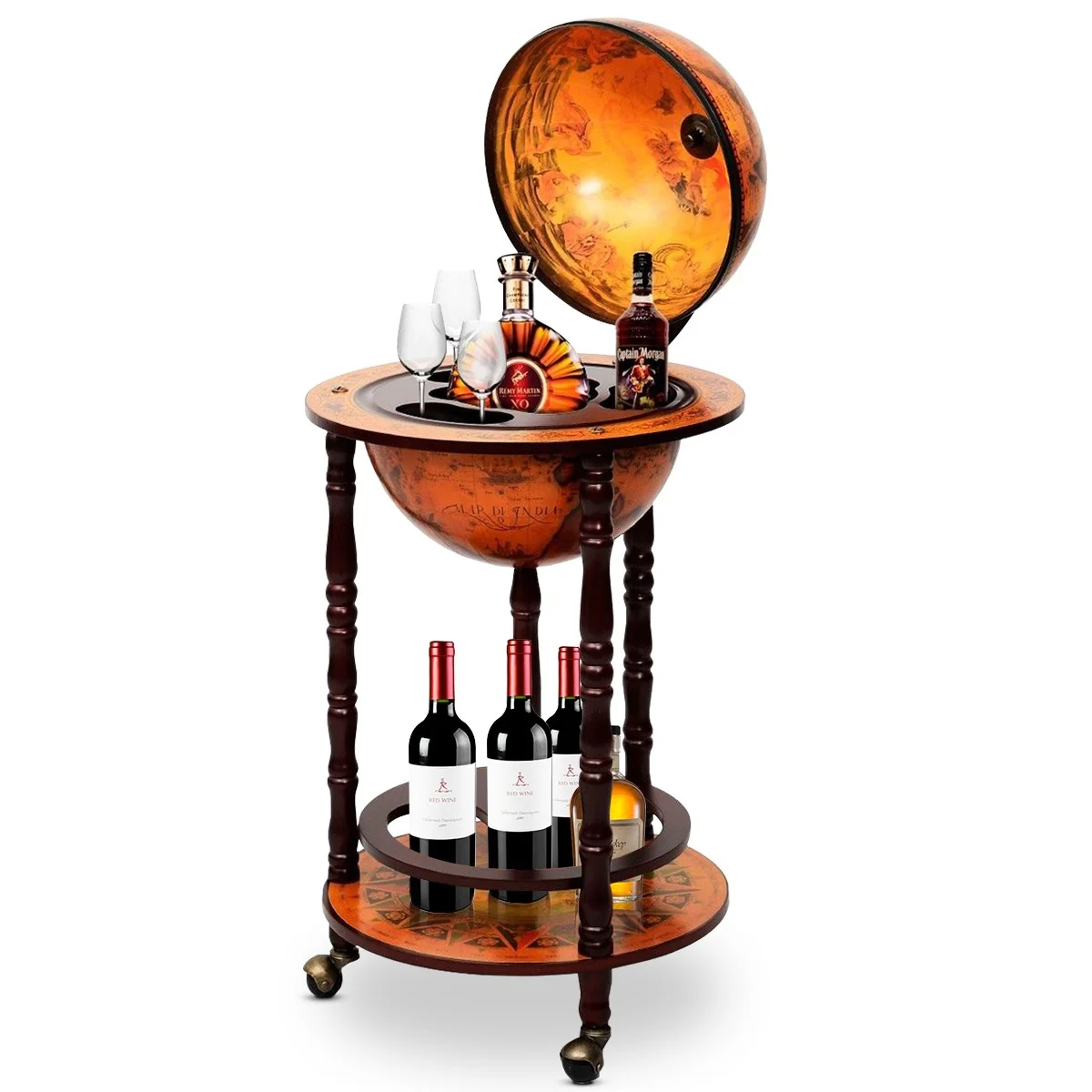 17" Wood Globe Wine Bar Stand 16th Century Italian Rack Liquor Bottle Shelf with Wheels