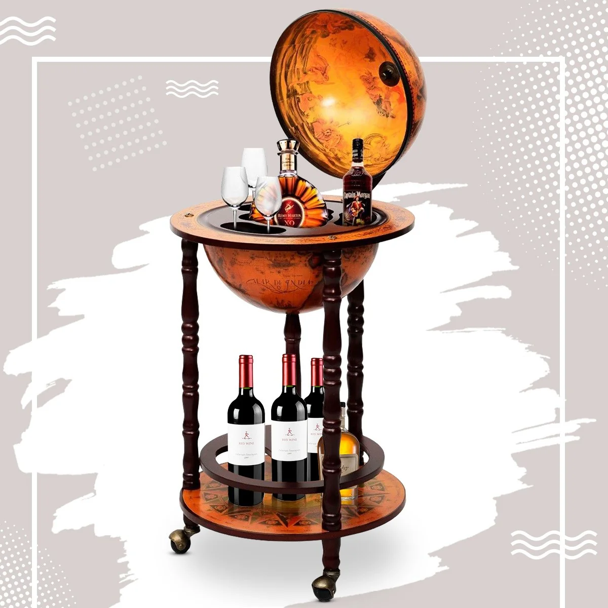 17" Wood Globe Wine Bar Stand 16th Century Italian Rack Liquor Bottle Shelf with Wheels - Image 11