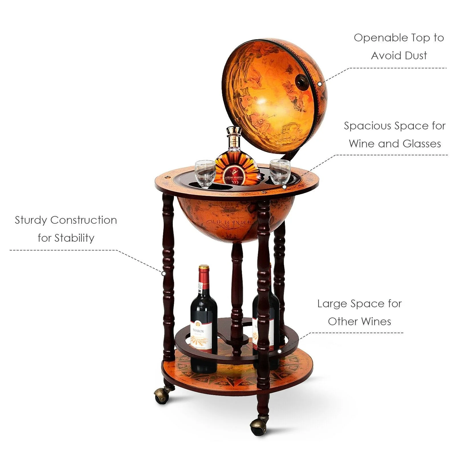 17" Wood Globe Wine Bar Stand 16th Century Italian Rack Liquor Bottle Shelf with Wheels - Image 12