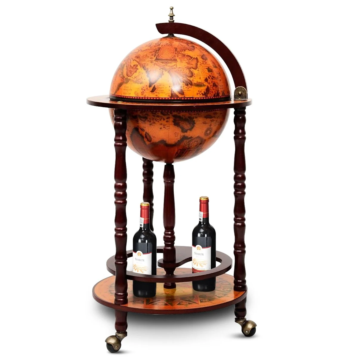 17" Wood Globe Wine Bar Stand 16th Century Italian Rack Liquor Bottle Shelf with Wheels - Image 14