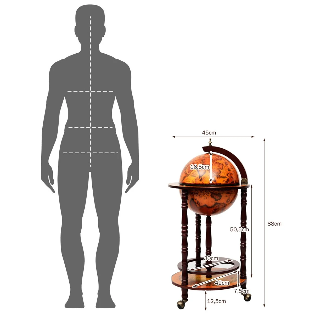 17" Wood Globe Wine Bar Stand 16th Century Italian Rack Liquor Bottle Shelf with Wheels - Image 16