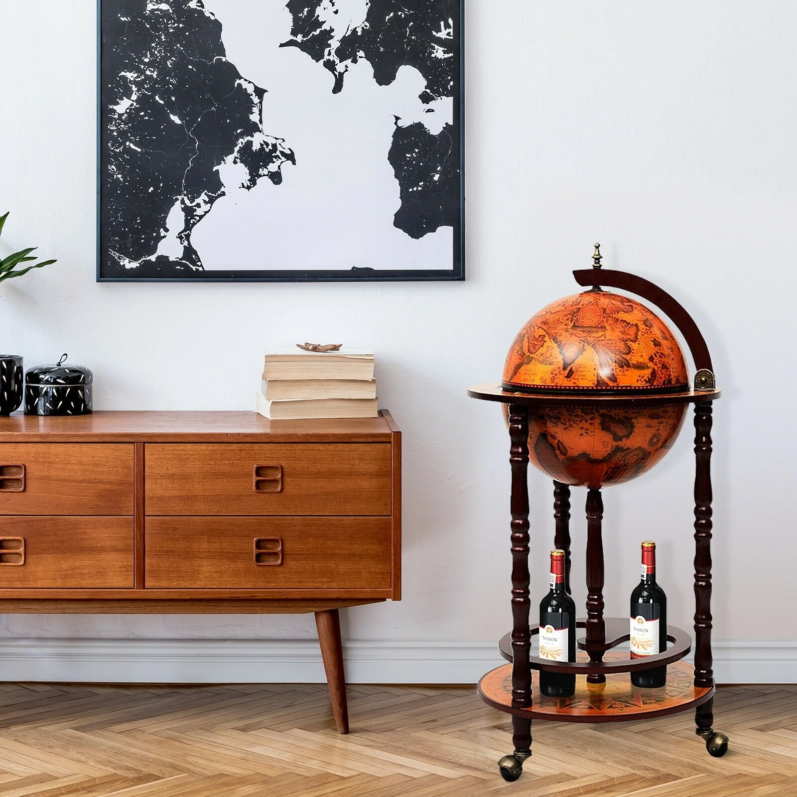 17" Wood Globe Wine Bar Stand 16th Century Italian Rack Liquor Bottle Shelf with Wheels - Image 5