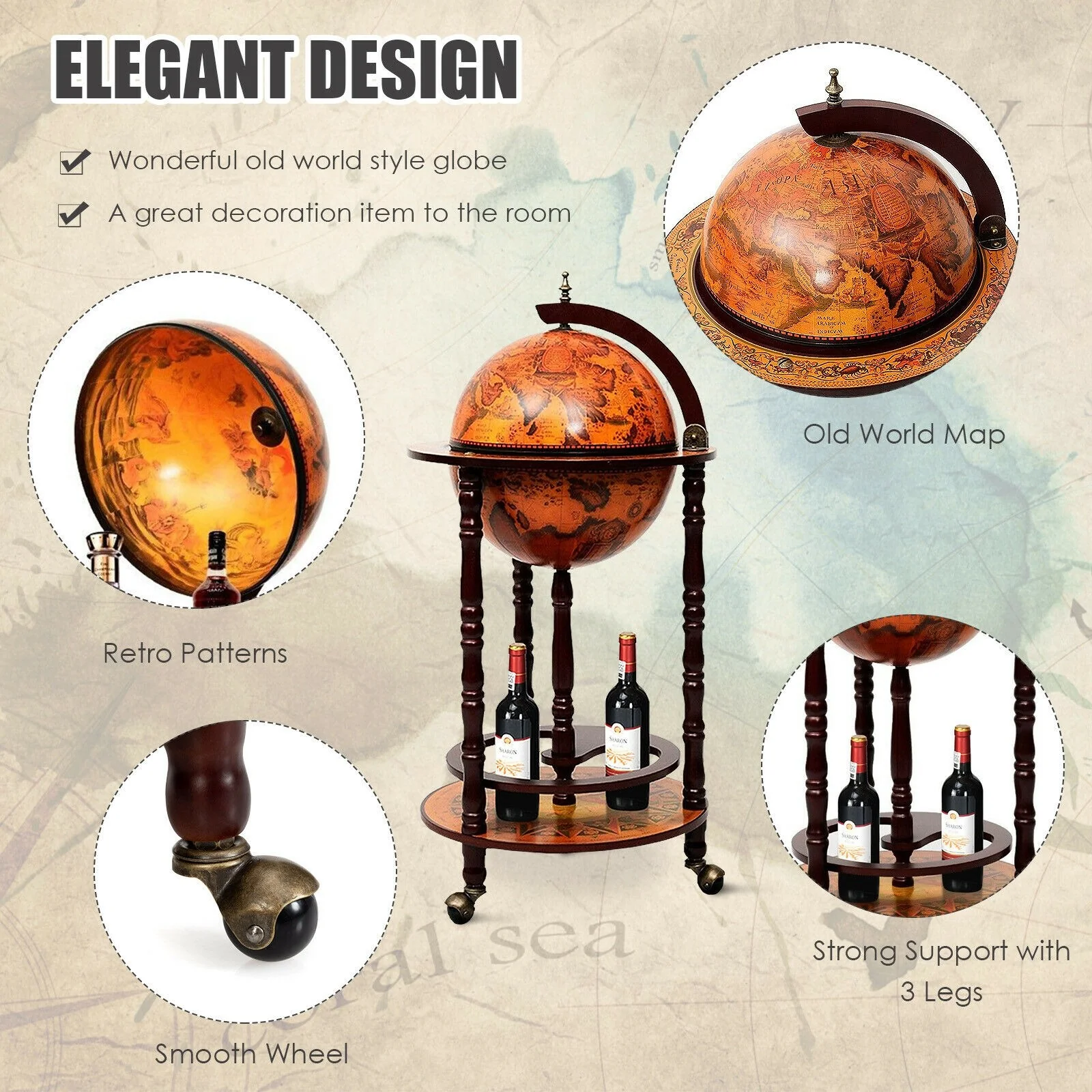 17" Wood Globe Wine Bar Stand 16th Century Italian Rack Liquor Bottle Shelf with Wheels - Image 7