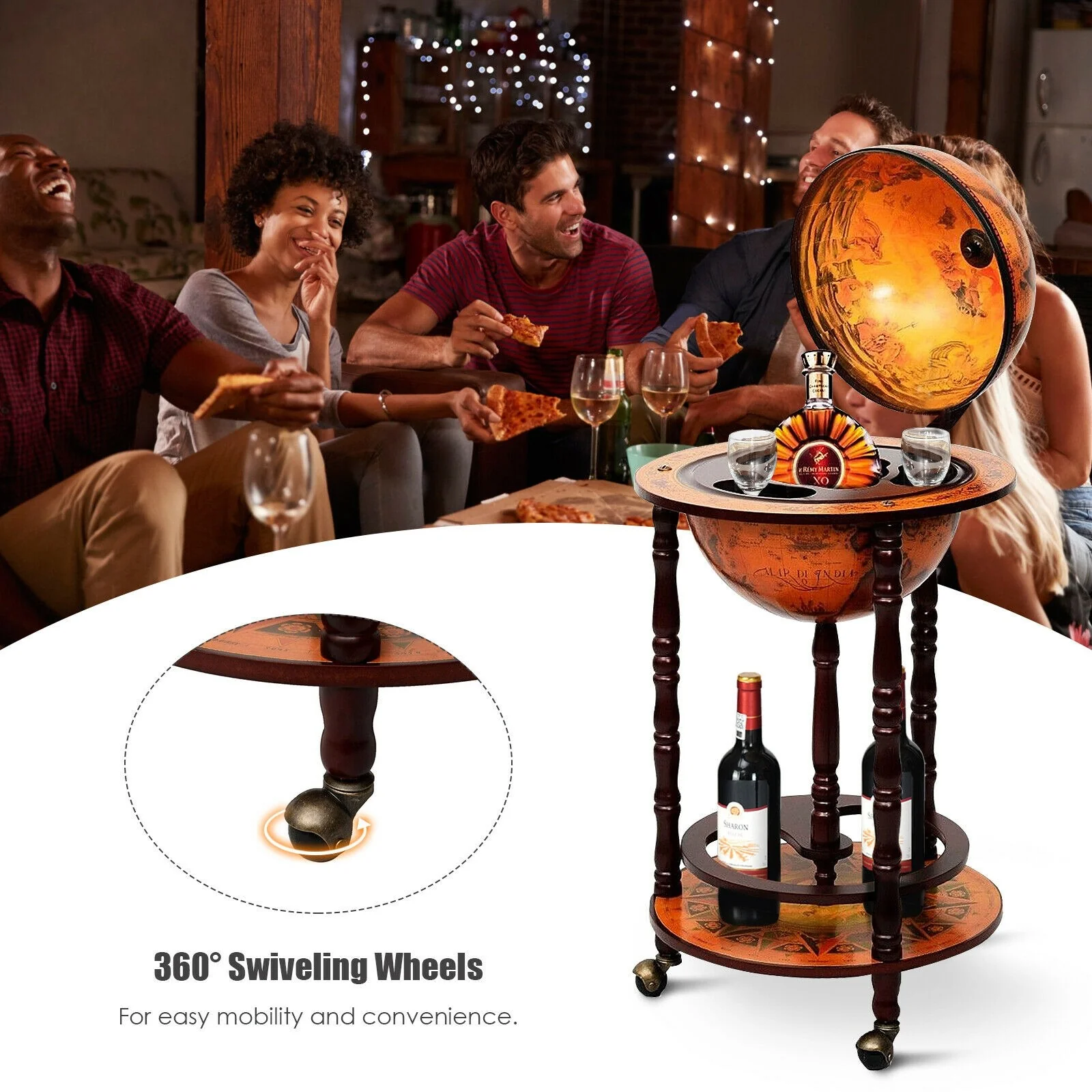 17" Wood Globe Wine Bar Stand 16th Century Italian Rack Liquor Bottle Shelf with Wheels - Image 8