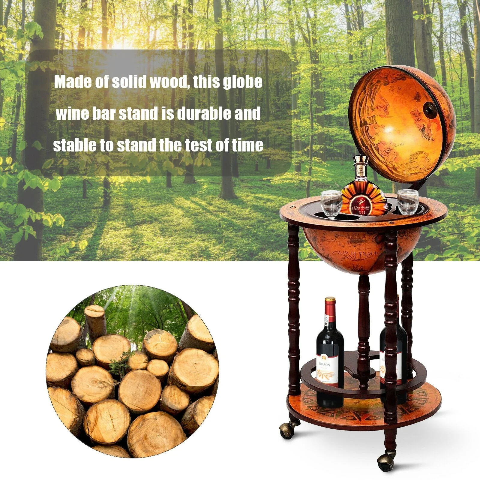 17" Wood Globe Wine Bar Stand 16th Century Italian Rack Liquor Bottle Shelf with Wheels - Image 9