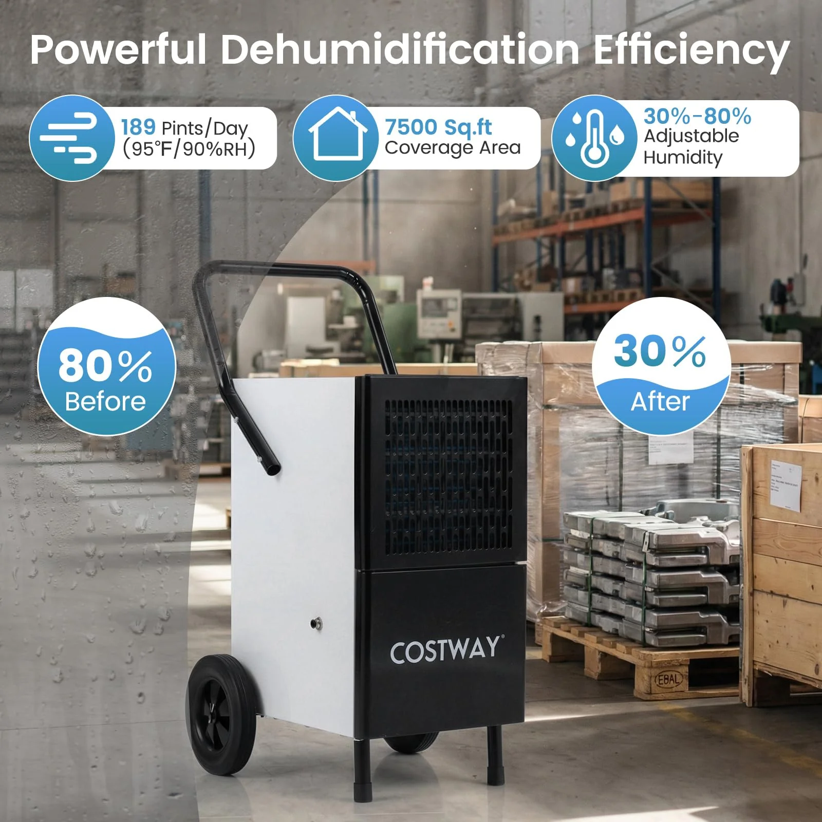 189 Pints Commercial Dehumidifier with Pump, 3.3Ft Drain Hose & Wheels - Image 2