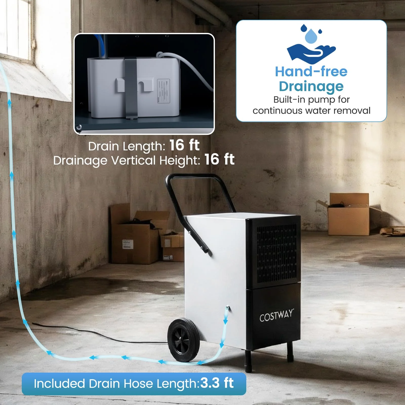 189 Pints Commercial Dehumidifier with Pump, 3.3Ft Drain Hose & Wheels - Image 4