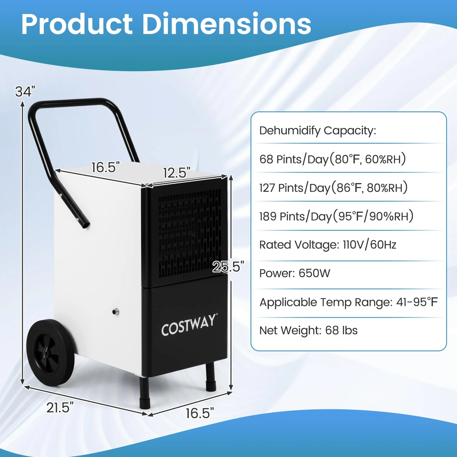 189 Pints Commercial Dehumidifier with Pump, 3.3Ft Drain Hose & Wheels - Image 8