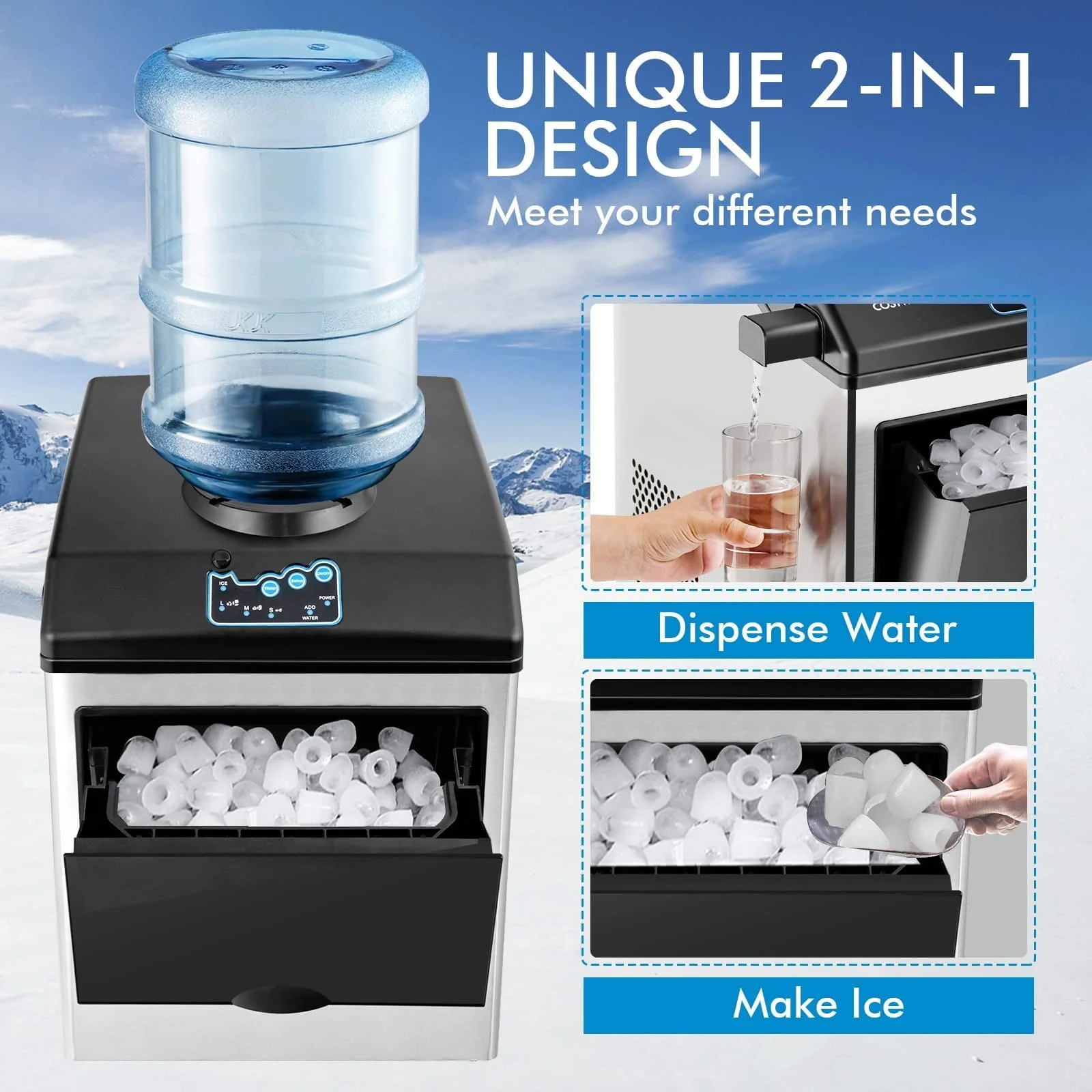 2 in 1 Countertop Ice Maker Machine with Water Cooler Dispenser Combo, 48LBS/24H, S-M-L 3 Sizes Bullet Ice - Image 3