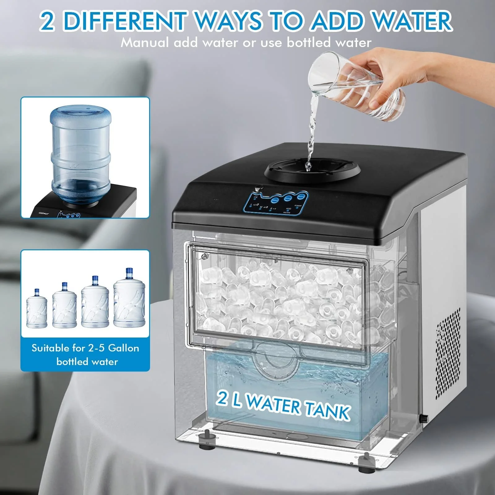 2 in 1 Countertop Ice Maker Machine with Water Cooler Dispenser Combo, 48LBS/24H, S-M-L 3 Sizes Bullet Ice - Image 5