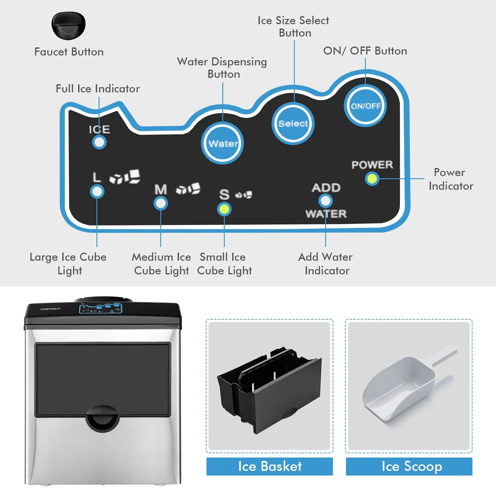 2 in 1 Countertop Ice Maker Machine with Water Cooler Dispenser Combo, 48LBS/24H, S-M-L 3 Sizes Bullet Ice - Image 6