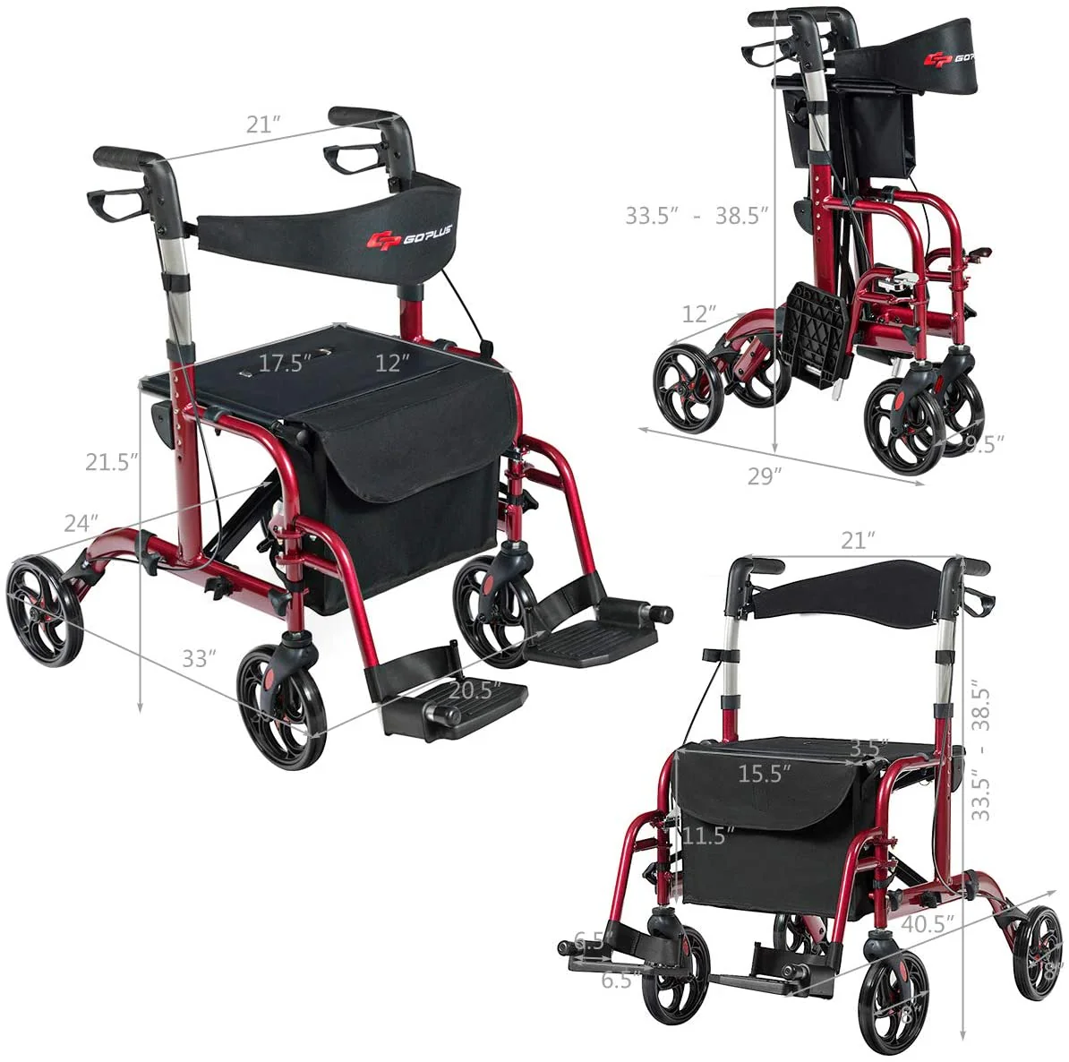 2 in 1 Folding Rollator Walker, 4 Wheel Medical Rolling Walker - Image 3