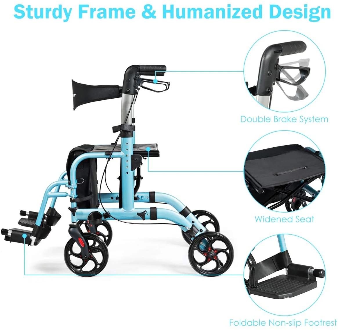 2 in 1 Folding Rollator Walker, 4 Wheel Medical Rolling Walker - Image 6
