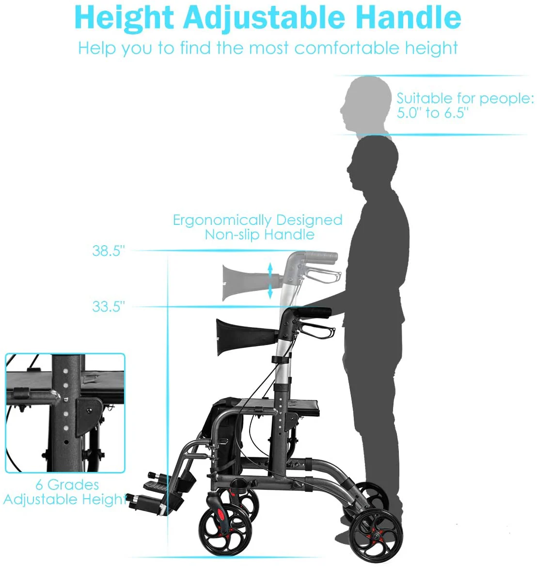 2 in 1 Folding Rollator Walker, 4 Wheel Medical Rolling Walker - Image 7