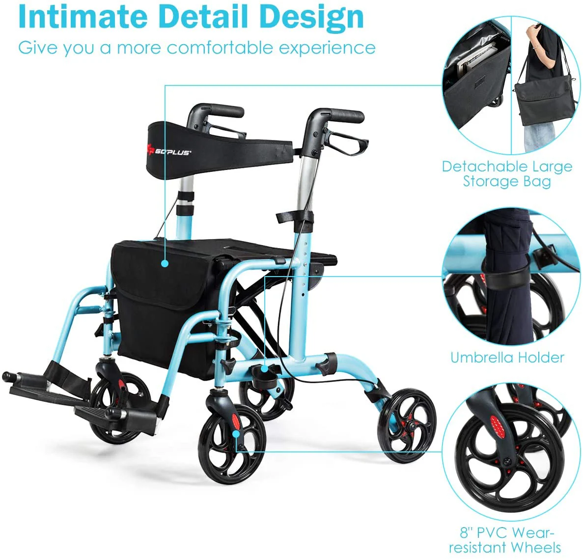 2 in 1 Folding Rollator Walker, 4 Wheel Medical Rolling Walker - Image 8