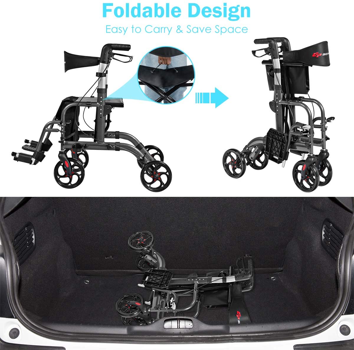2 in 1 Folding Rollator Walker, 4 Wheel Medical Rolling Walker - Image 9
