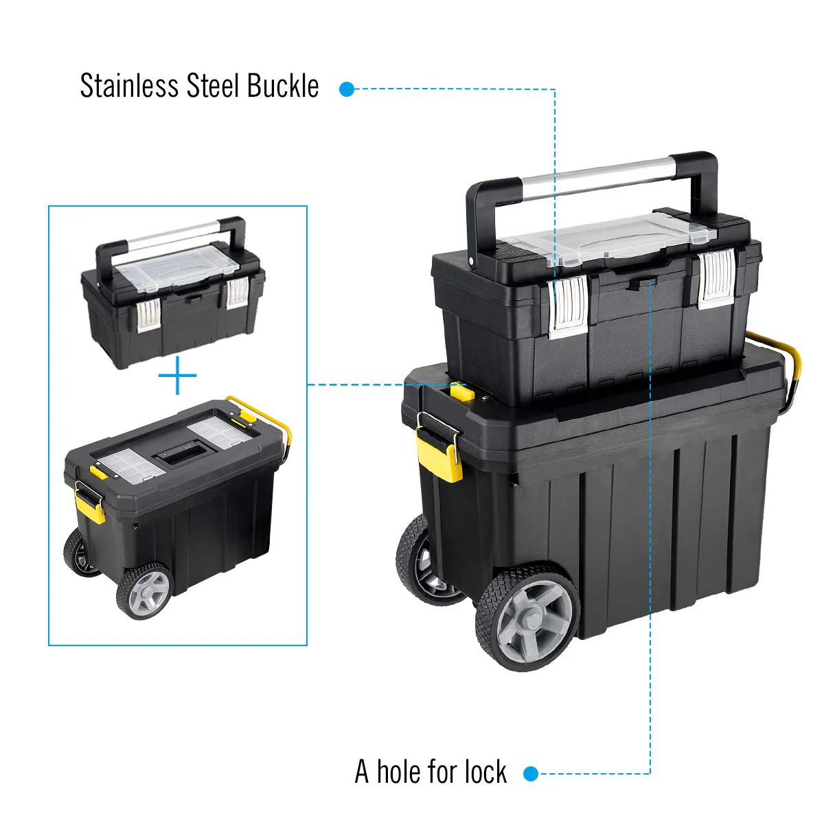 2-in-1 Tool Box Portable Rolling Toolbox Storage Solution Multi-Purpose Plastic Organizer Set - Image 6