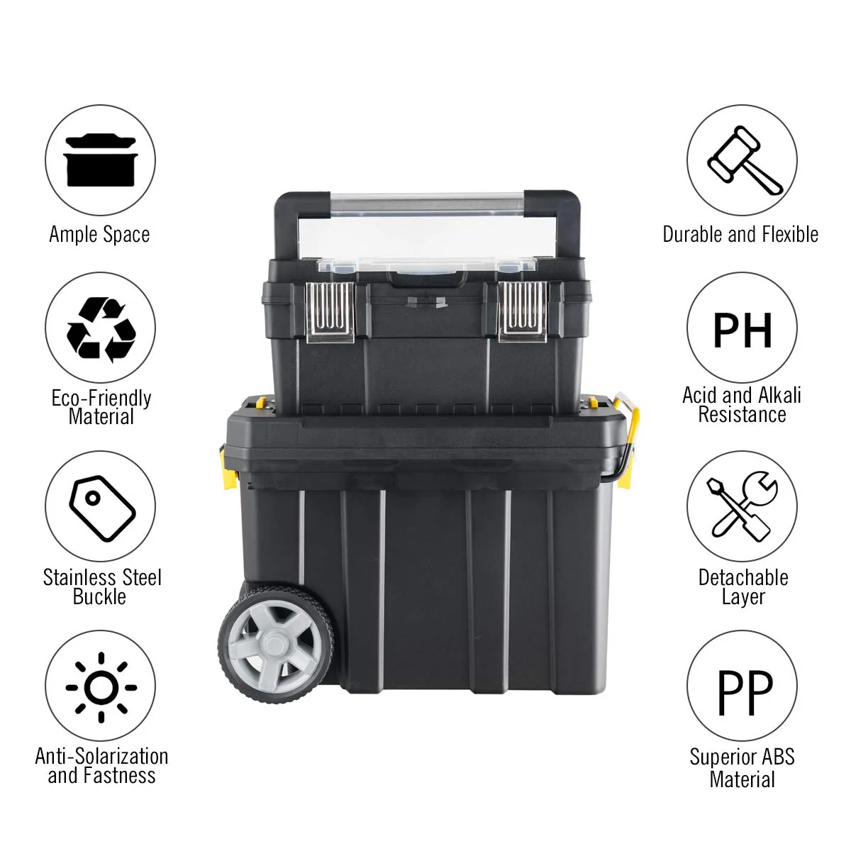 2-in-1 Tool Box Portable Rolling Toolbox Storage Solution Multi-Purpose Plastic Organizer Set - Image 7