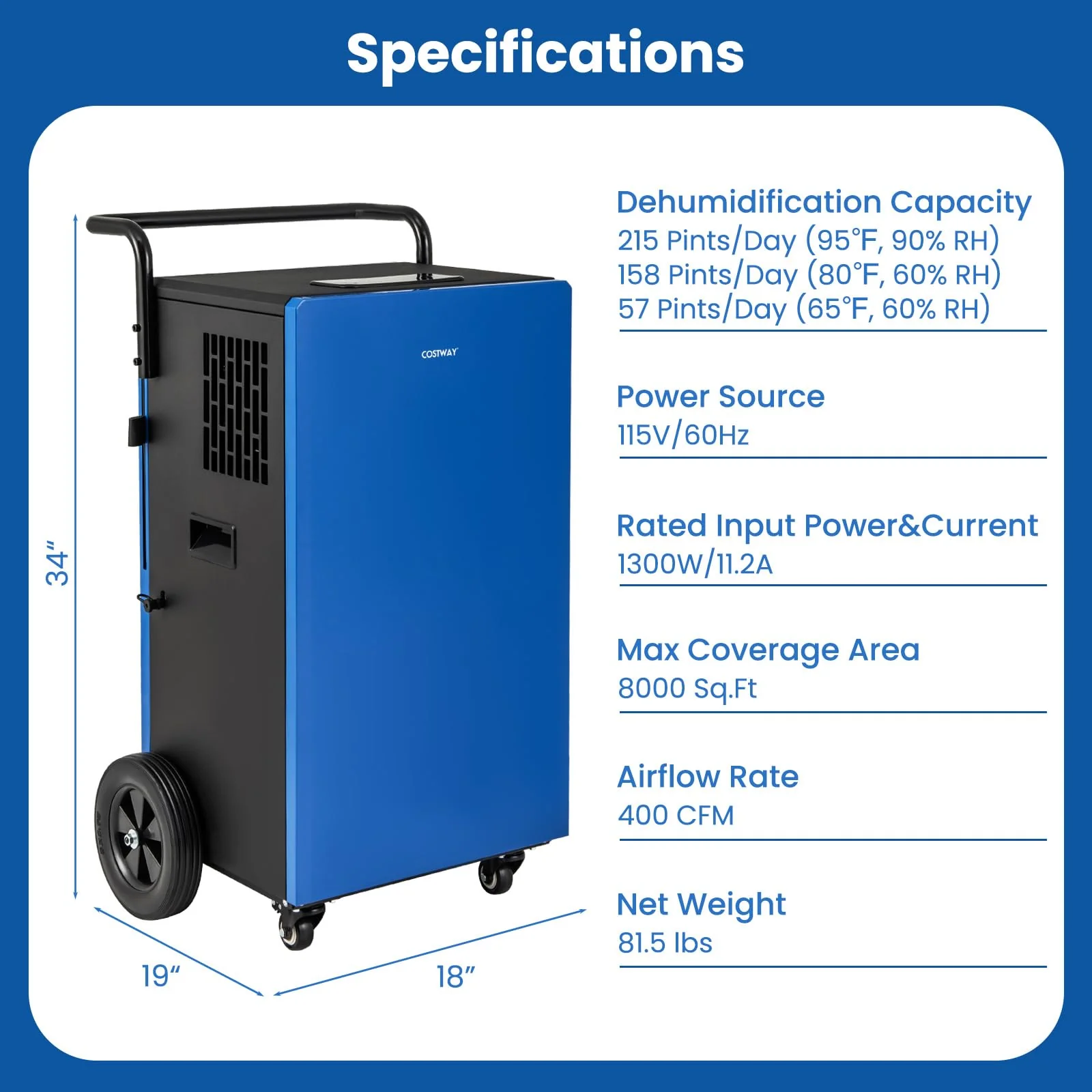 215 Pints Commercial Dehumidifier w/Drain Hose, Industrial Heavy Duty Dehumidifier w/ 24H Timer - Image 4