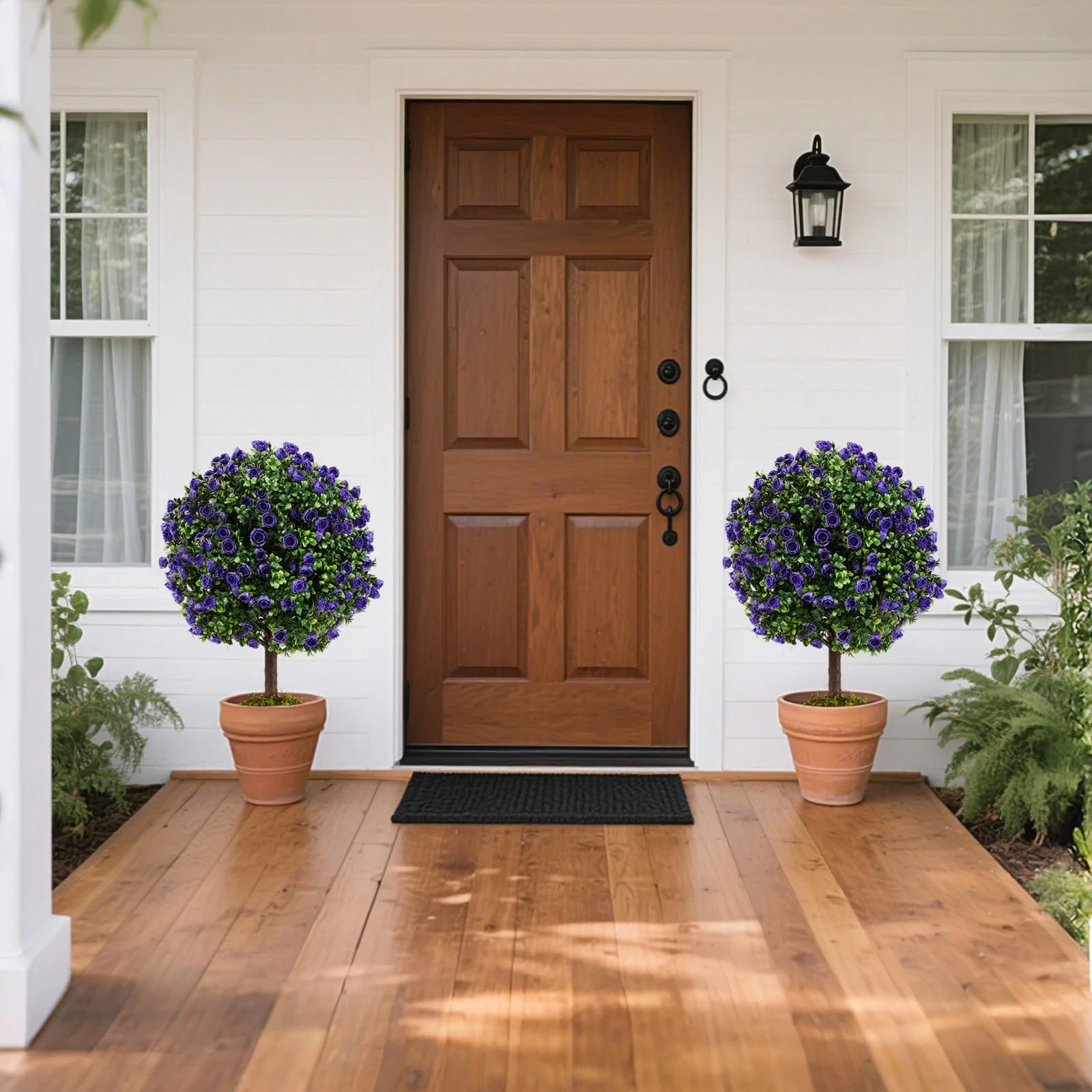 Goplus 22'' Artificial Purple Rose Topiary Ball Tree Set of 2 Faux Potted Plants Artificial Shrubs Bushes with Flowers - Image 2
