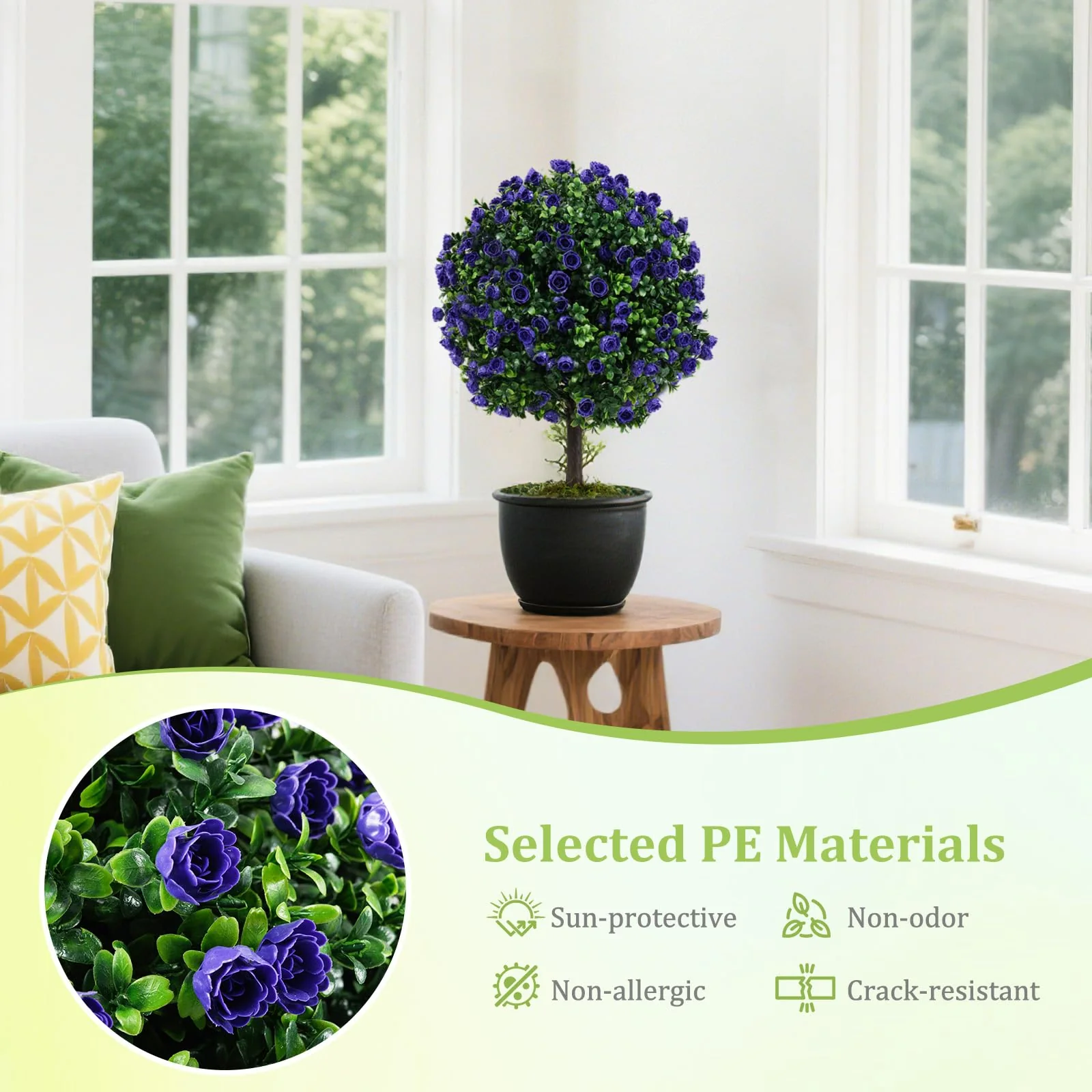 Goplus 22'' Artificial Purple Rose Topiary Ball Tree Set of 2 Faux Potted Plants Artificial Shrubs Bushes with Flowers - Image 3