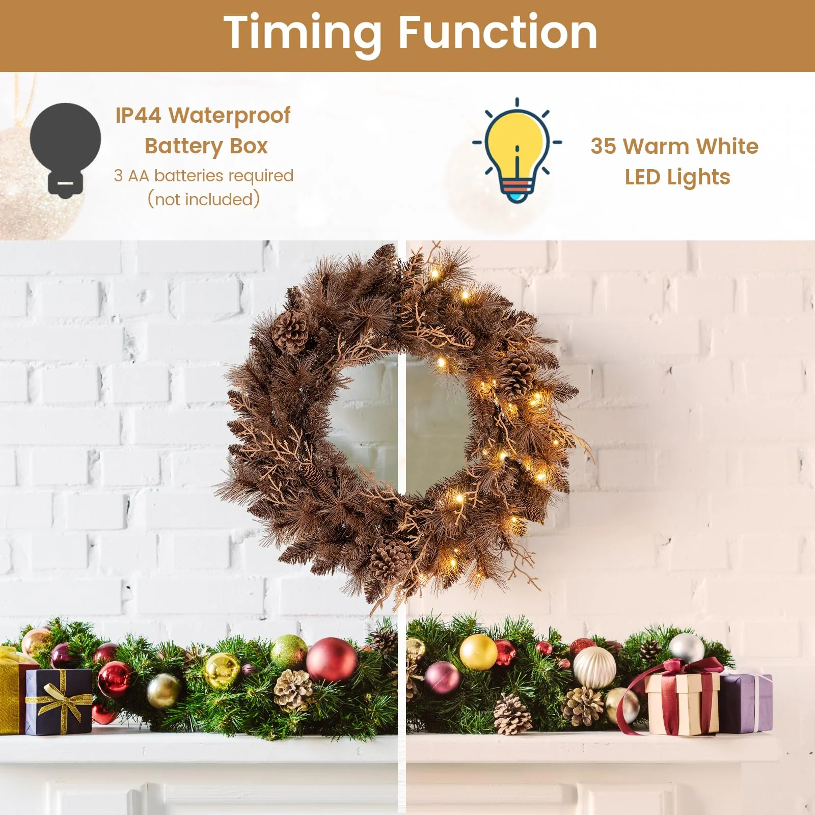 24 Inch Pre-lit Christmas Wreath with 105 Branch Tips and 35 Warm White LED Lights-1 piece - Image 4