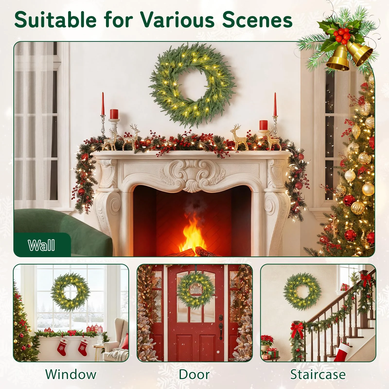 24 Inch Pre-lit Christmas Wreath with 108 Branch Tips and 35 Warm White LED Lights for Wall Window-1 piece - Image 3