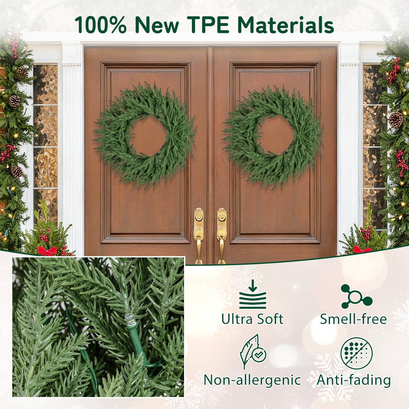 24 Inch Pre-lit Christmas Wreath with 108 Branch Tips and 35 Warm White LED Lights for Wall Window-1 piece - Image 4