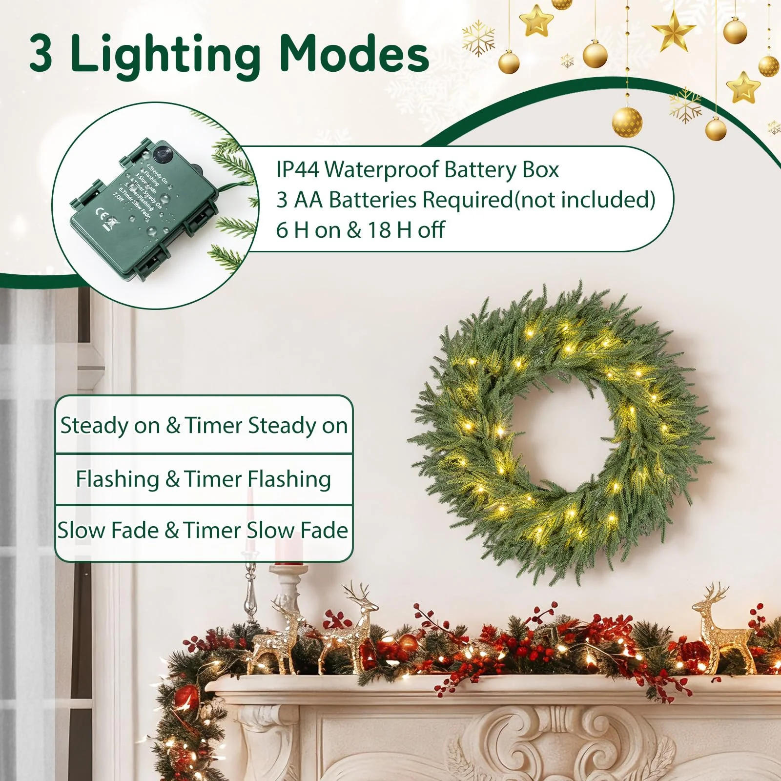 24 Inch Pre-lit Christmas Wreath with 108 Branch Tips and 35 Warm White LED Lights for Wall Window-1 piece - Image 5