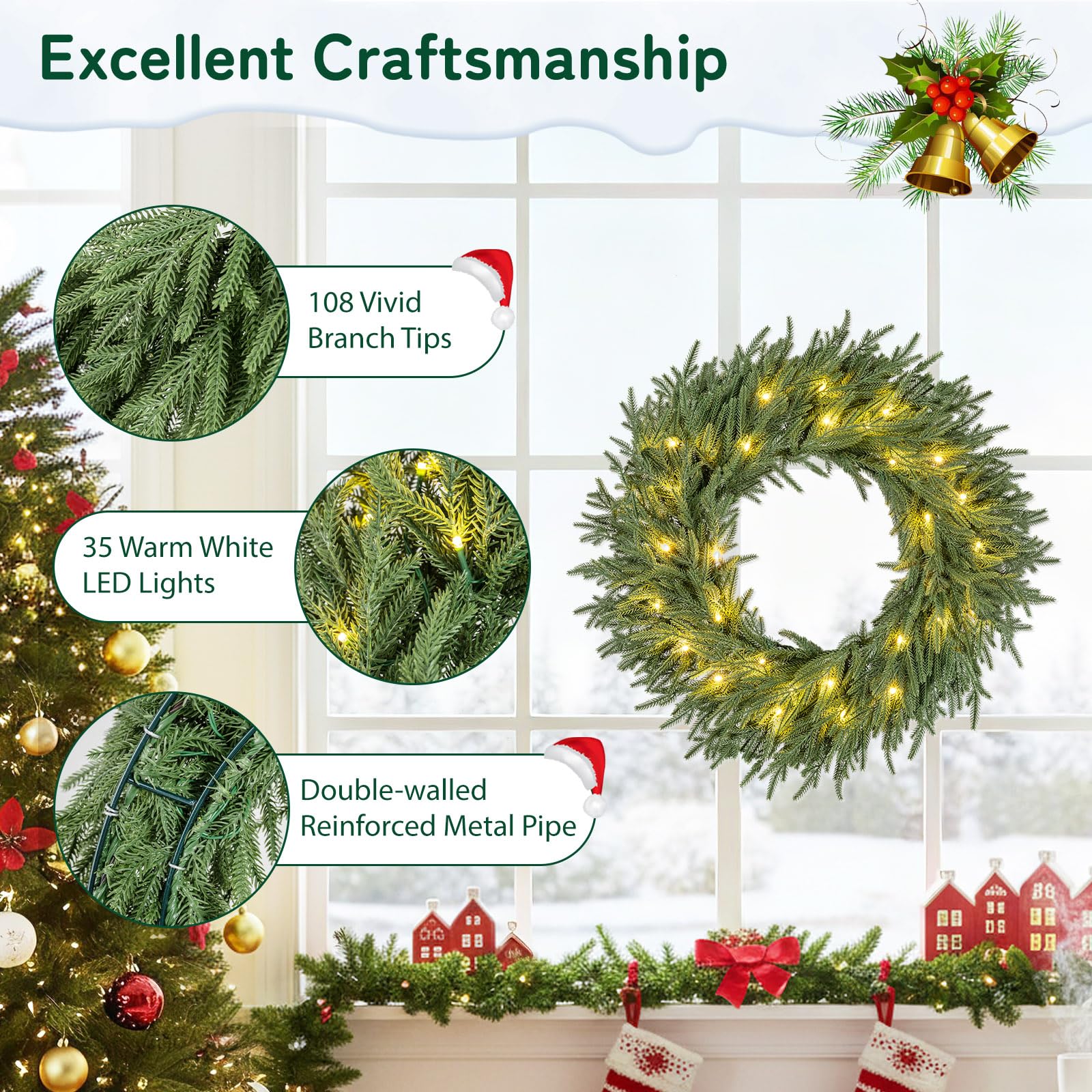 24 Inch Pre-lit Christmas Wreath with 108 Branch Tips and 35 Warm White LED Lights for Wall Window-1 piece - Image 6