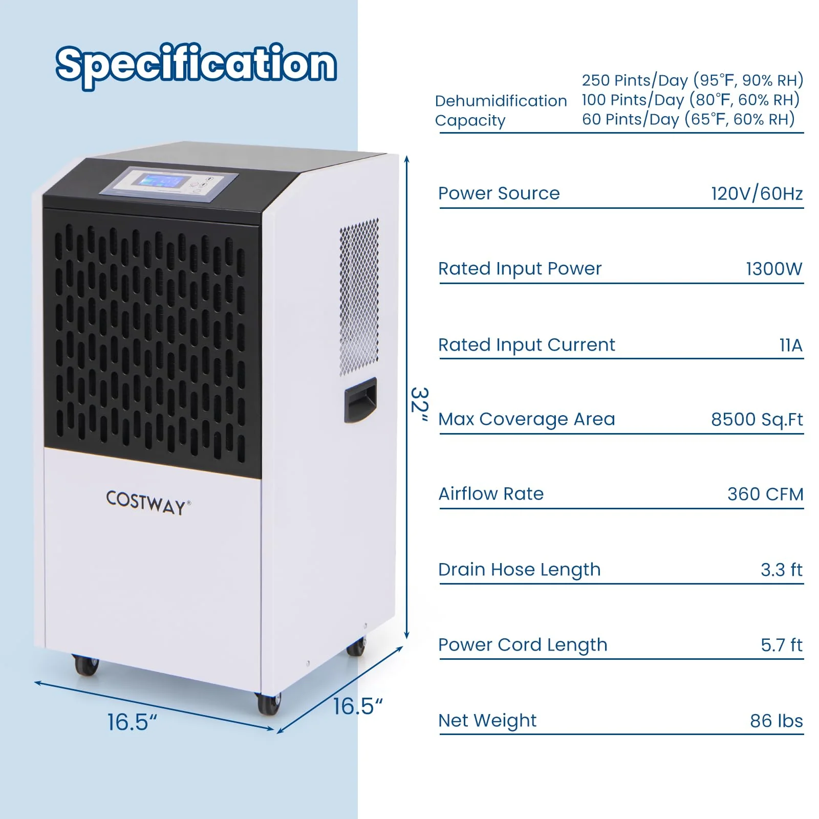 250 Pints Commercial Dehumidifier with Drain Hose, Industrial Heavy Duty Dehumidifier - Image 8