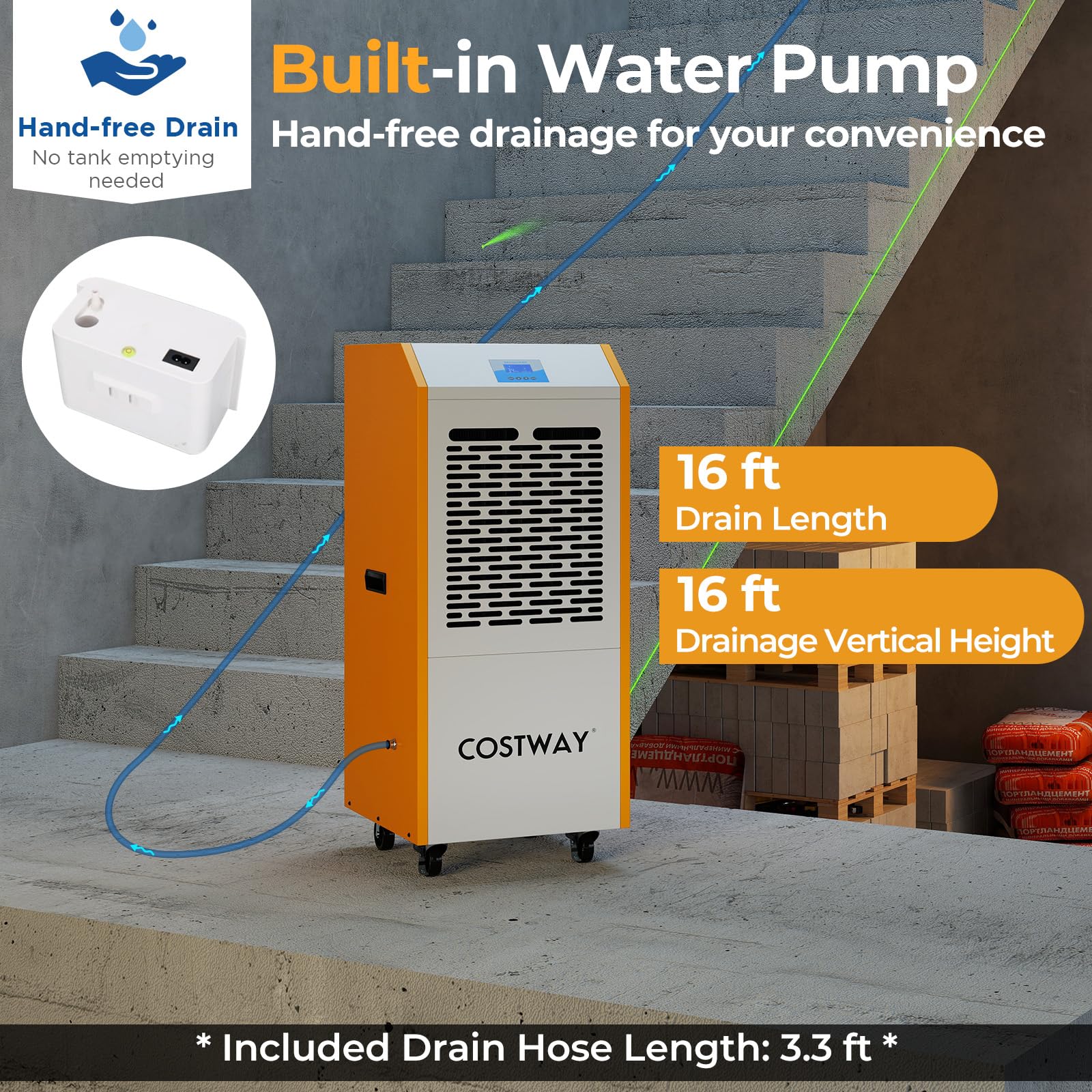 290 Pints Commercial Dehumidifier with Pump, Industrial Dehumidifier with Drain Hose, 24H Timer & Wheels for Basement - Image 4