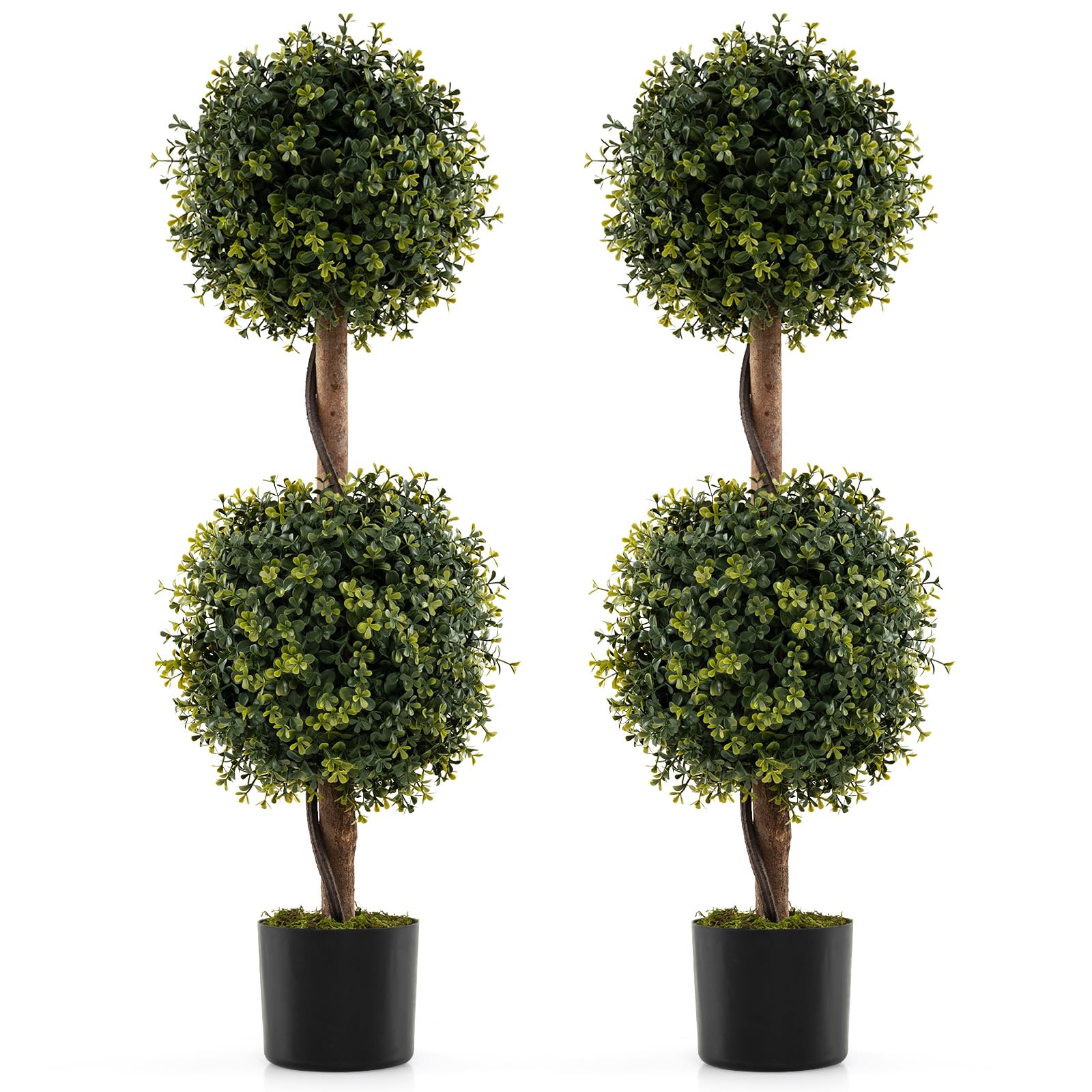 Goplus 3 FT Artificial Boxwood Topiary Trees Set of 2 Faux Outdoor Topiary Ball Tree with Cement-Filled Pot