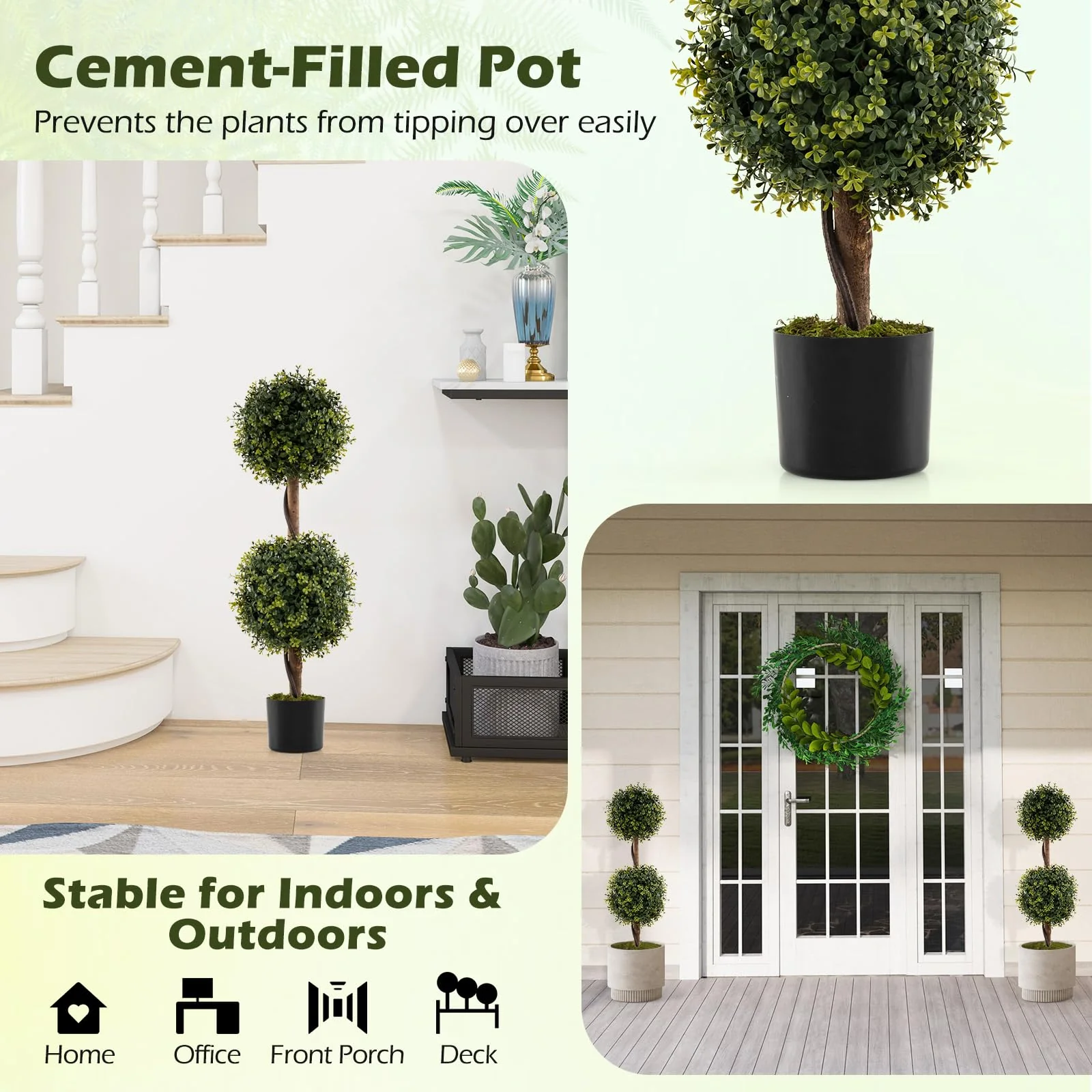 Goplus 3 FT Artificial Boxwood Topiary Trees Set of 2 Faux Outdoor Topiary Ball Tree with Cement-Filled Pot - Image 2
