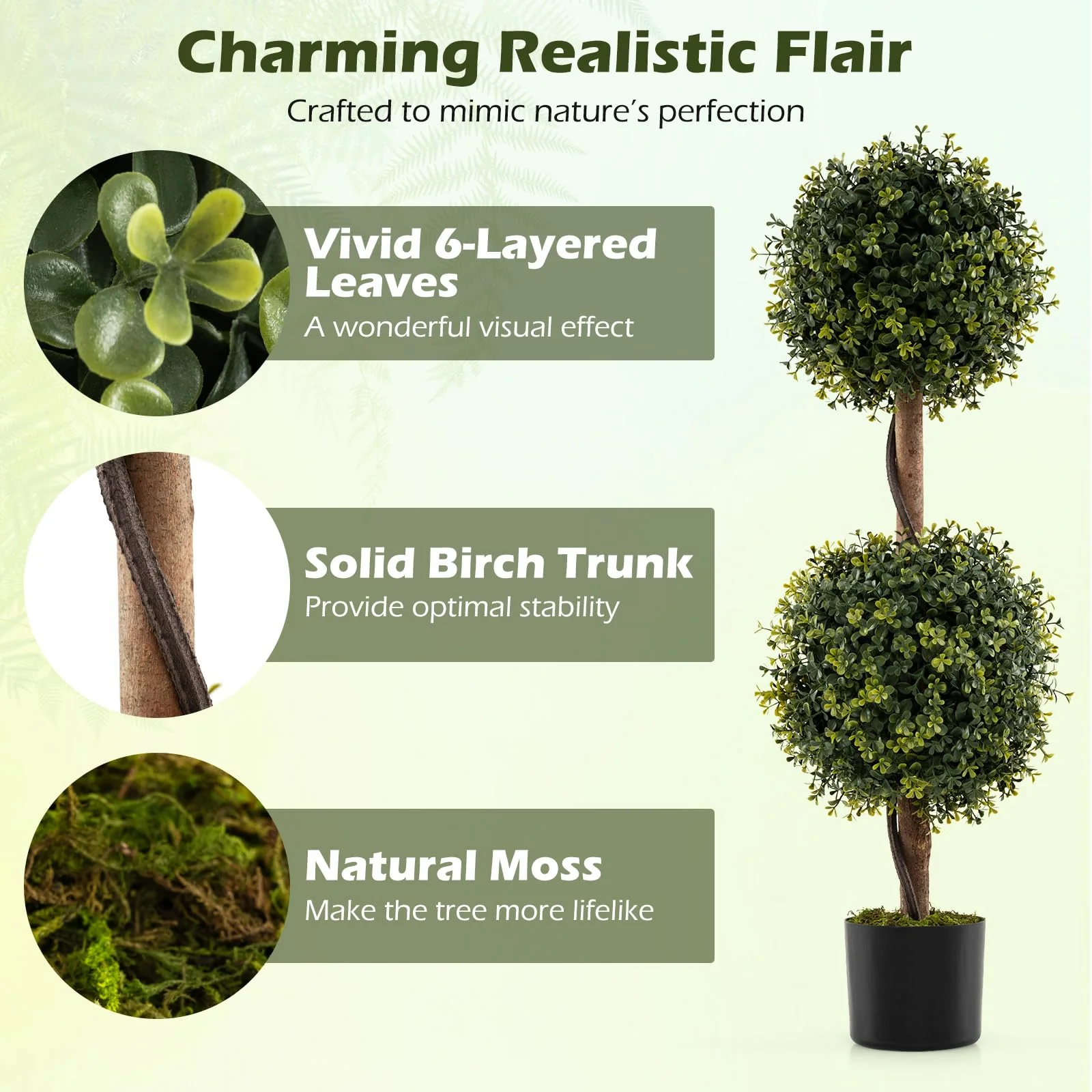 Goplus 3 FT Artificial Boxwood Topiary Trees Set of 2 Faux Outdoor Topiary Ball Tree with Cement-Filled Pot - Image 4