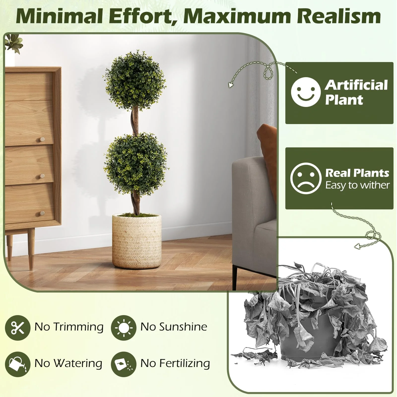 Goplus 3 FT Artificial Boxwood Topiary Trees Set of 2 Faux Outdoor Topiary Ball Tree with Cement-Filled Pot - Image 5