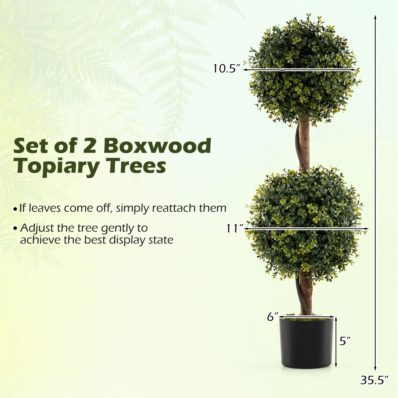 Goplus 3 FT Artificial Boxwood Topiary Trees Set of 2 Faux Outdoor Topiary Ball Tree with Cement-Filled Pot - Image 7