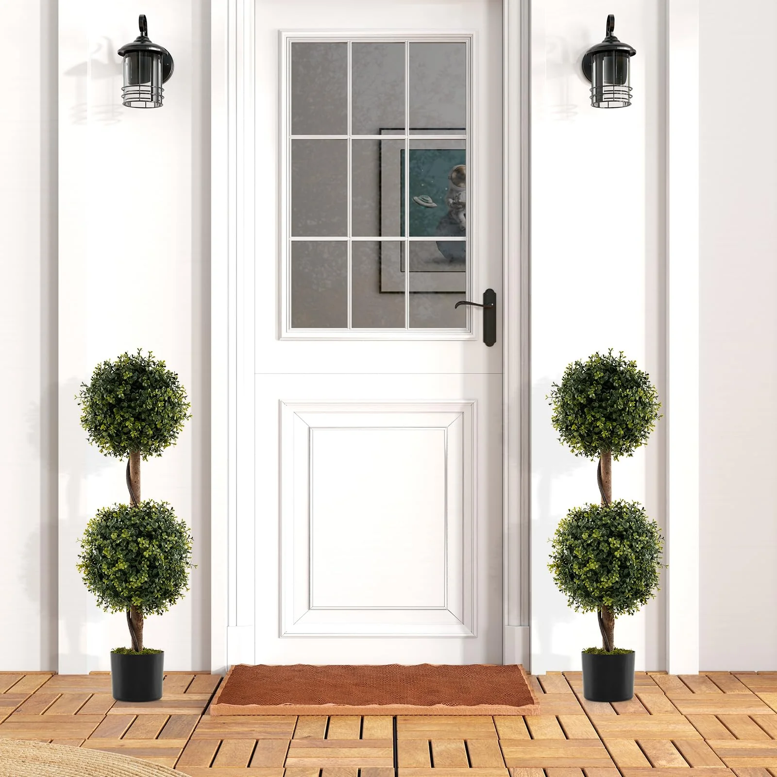 Goplus 3 FT Artificial Boxwood Topiary Trees Set of 2 Faux Outdoor Topiary Ball Tree with Cement-Filled Pot - Image 8