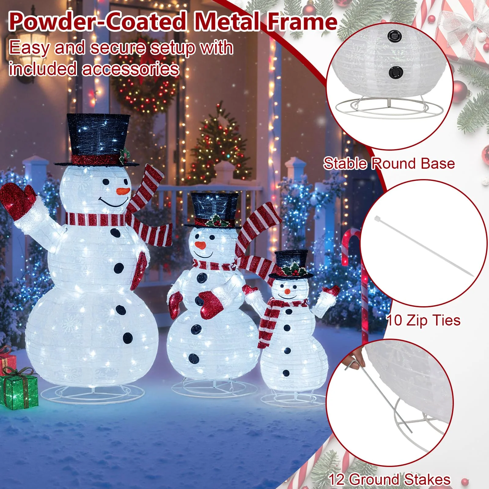 3-Piece Pre-Lit 3D Snowman Set with 270 LED Lights - Image 7