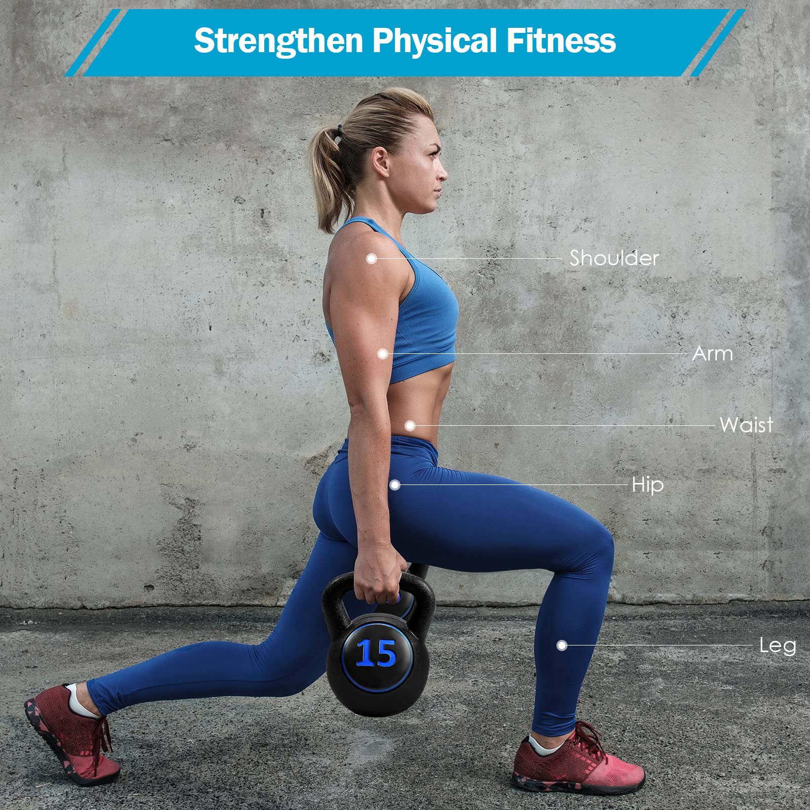 3 Pieces Kettlebell Set, 5, 10, 15 lbs HDPE Coated Concrete Fitness Kettle Bells - Image 2