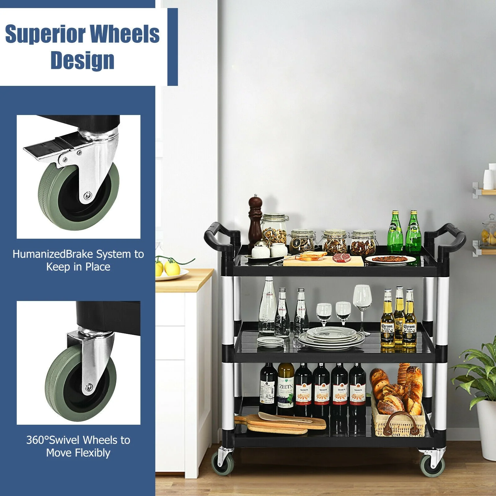 3-Tier Rolling Utility Cart with Wheels - Image 8