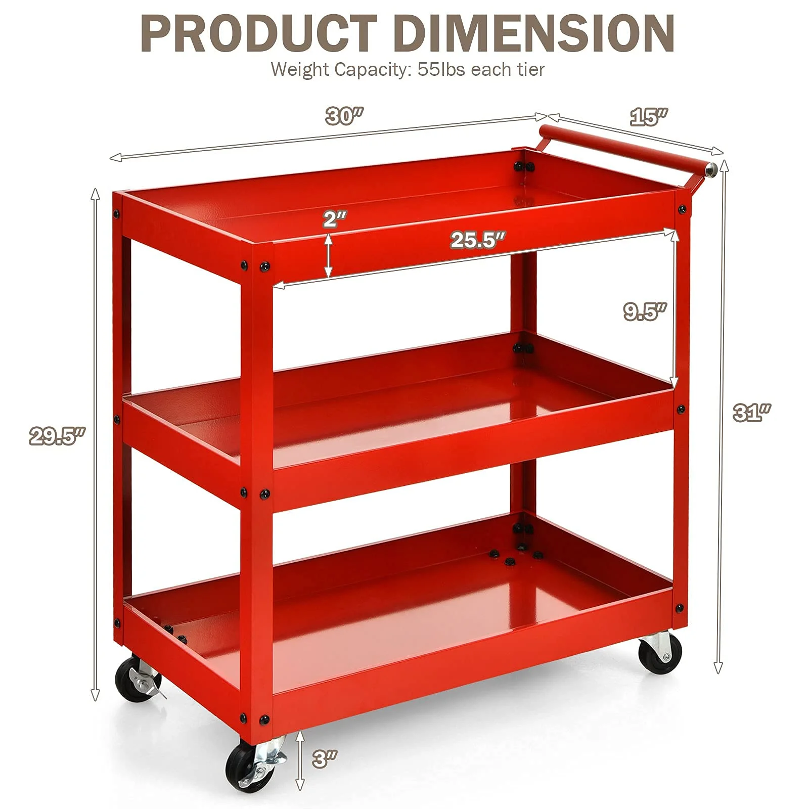 3-Tier Utility Cart, Heavy Duty Commercial Service Tool Cart w/Lockable Wheels - Image 10