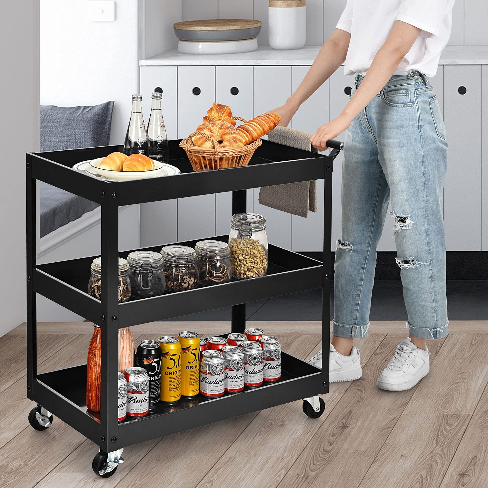 3-Tier Utility Cart, Heavy Duty Commercial Service Tool Cart w/Lockable Wheels - Image 3
