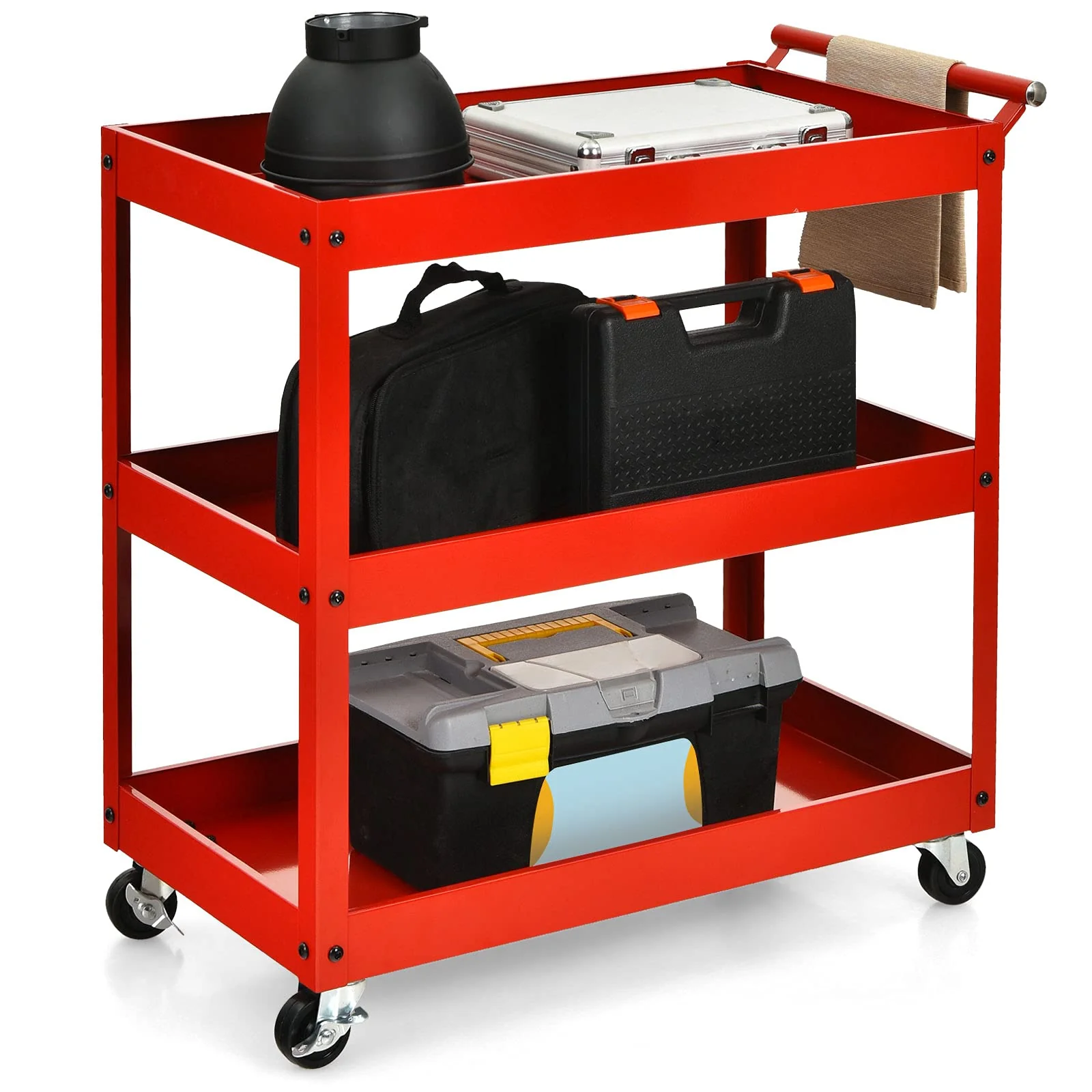 3-Tier Utility Cart, Heavy Duty Commercial Service Tool Cart w/Lockable Wheels - Image 8