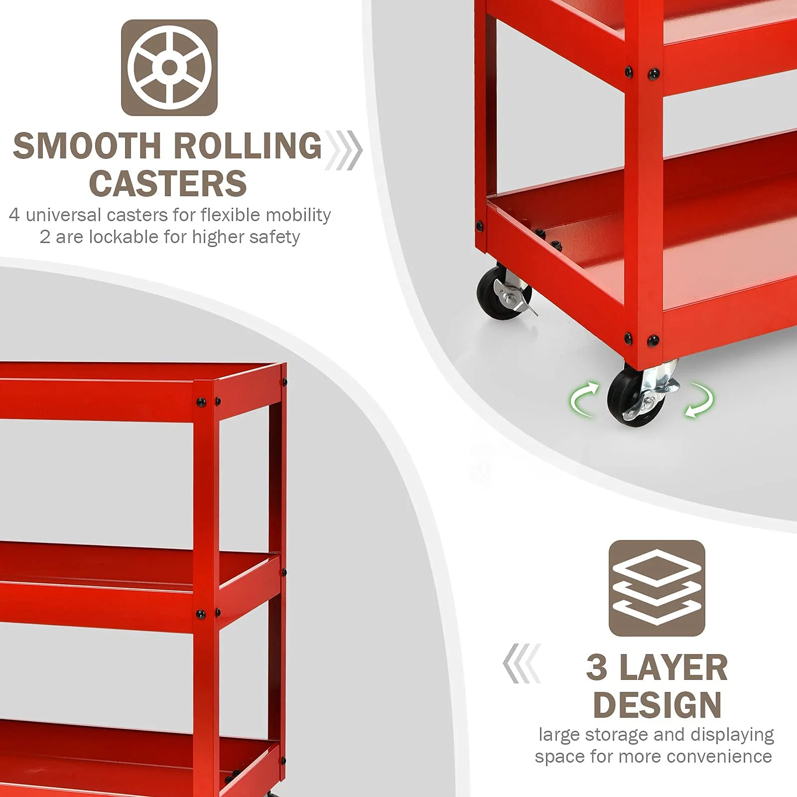 3-Tier Utility Cart, Heavy Duty Commercial Service Tool Cart w/Lockable Wheels - Image 9